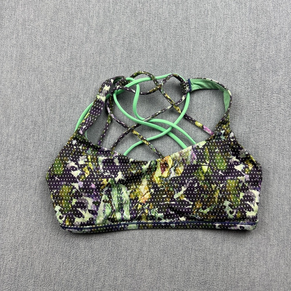 Lululemon Sports Bra Womens 4 Green Floral Free To Be Wild Strappy Yoga Gym Top